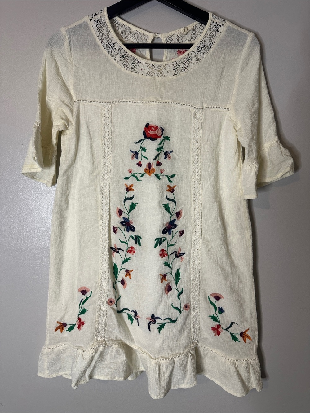 Oddi Cream & Floral Bohemian Festival Embroidered Minidress, Small